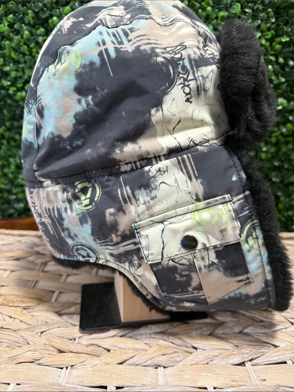 The North Face Black Faux Fur Trapper Hat with Patterned Shell